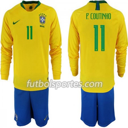 Camisetas Brasil P. Coutinho 11 Niño Primera Equipacion Mundial 2018 Manga Larga